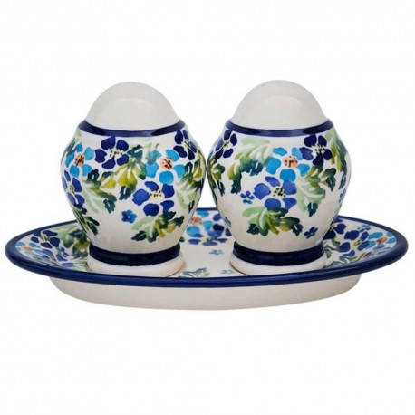 Polish Pottery Salt and Pepper Set - Blue Flowers with Green Leaves