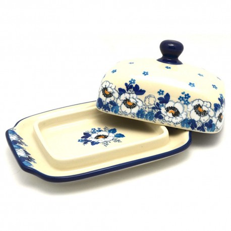 Polish Pottery Euro Style Butter or Cheese Dish - Snow Poppy
