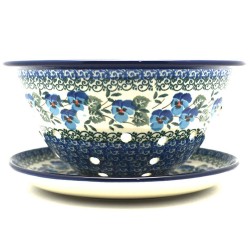 Polish Pottery Berry Bowl / Colander with Saucer - Blue Pansies