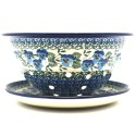 Polish Pottery Berry Bowl / Colander with Saucer - Blue Pansies