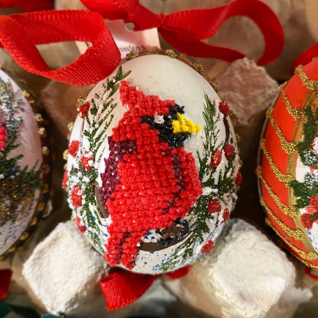 Eggshell Ornament Cross-stitched Cardinal