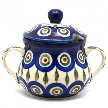 Polish Pottery Sugar Bowl with Lid - Peacock
