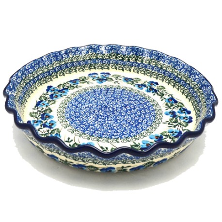 Polish Pottery Fluted Pie Baker - 10" - Blue Pansies