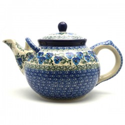 Polish Pottery Tea or Coffee Pot - 61 oz. - Blue Pansies