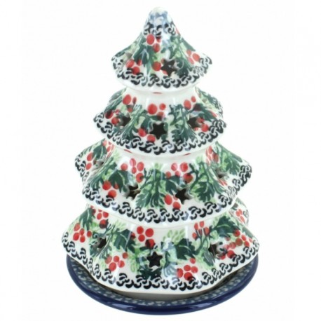 Polish Pottery 6" Christmas Tree Luminary - Holly Berry