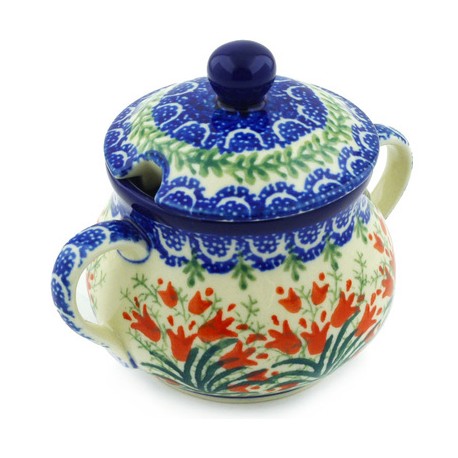 Polish Pottery Sugar Bowl with Lid - Crimson Bells