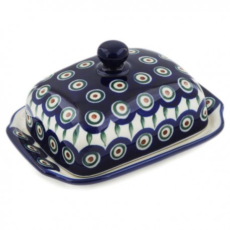 Polish Pottery Butter or Cheese Dish - Euro Style - Peacock