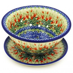 Polish Pottery Berry Bowl / Colander with Saucer - Crimson Bells