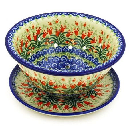 Polish Pottery Berry Bowl / Colander with Saucer - Crimson Bells
