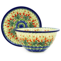 Polish Pottery Berry Bowl / Colander with Saucer - Crimson Bells
