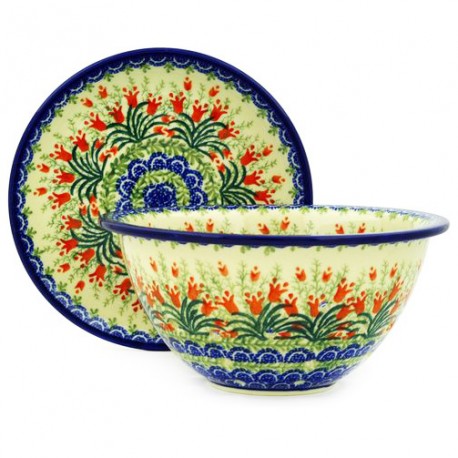 Polish Pottery Berry Bowl / Colander with Saucer - Crimson Bells