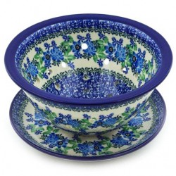Polish Pottery Berry Bowl / Colander with Saucer - Wild Indigo