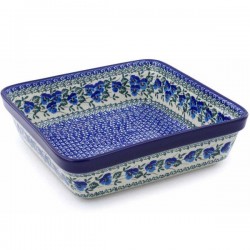 Polish Pottery Square Baker - 10" - Blue Pansies