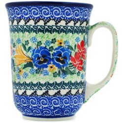 Polish Pottery Bistro Mug - 16 oz - Blue Pansies - Unikat