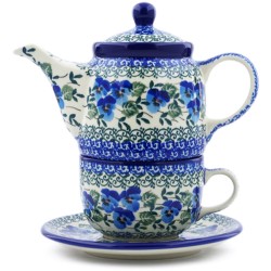 Polish Pottery Tea Set for One - 17 oz. - Blue Pansies