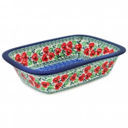 Polish Pottery Rectangular Baker with Grip Lip - 10" - Red Pansies