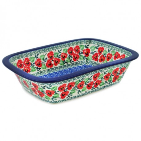 Polish Pottery Rectangular Baker with Grip Lip - 10" - Red Pansies