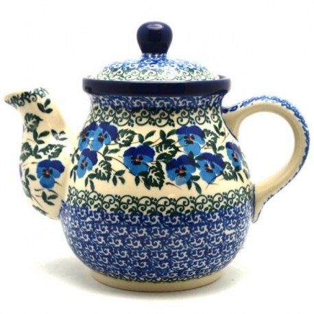 Polish Pottery Tea or Coffee Pot - 20 oz. - Blue Pansies