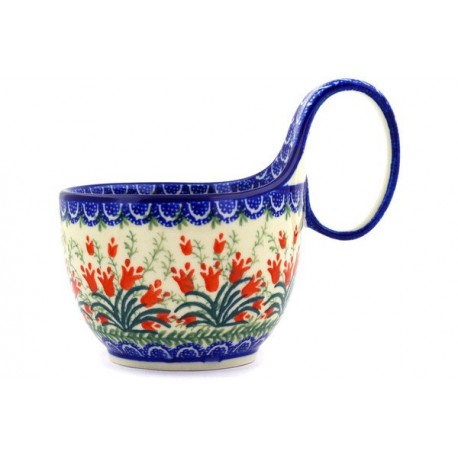 Polish Pottery Bowl - 4" with Handle - Crimson Bells