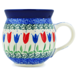 Polish Pottery Bubble Mug - 12 oz - Red and Blue Tulips