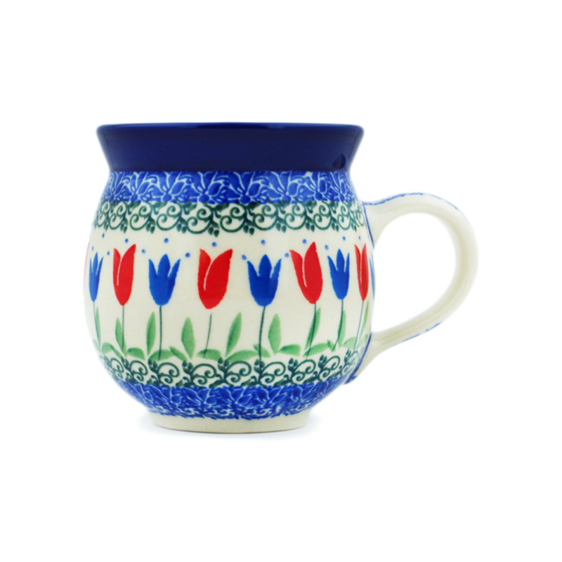Polish Pottery Bubble Mug - 12 oz - Red and Blue Tulips