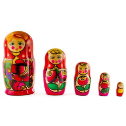 Set of 5 Nesting Dolls - 6" - Pink and Red