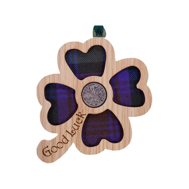 Scottish Clover Sixpence Tartan Wooden Ornament Handcrafted in Scotland