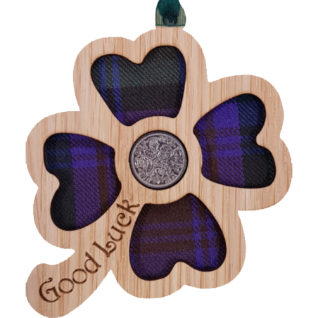 Scottish Clover Sixpence Tartan Wooden Ornament Handcrafted in Scotland