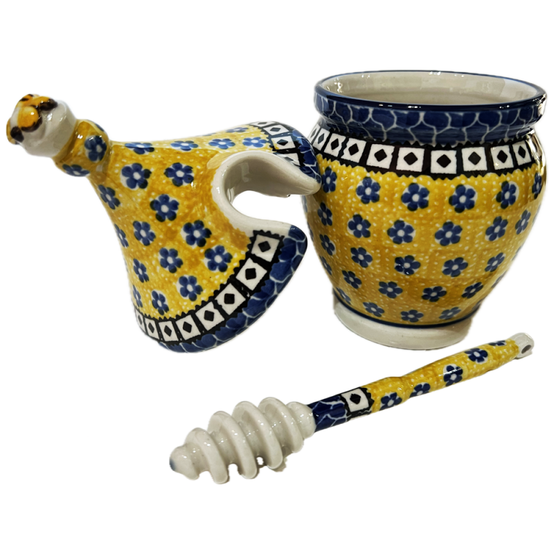 Polish Pottery Honey Jar with Dipper Sunburst