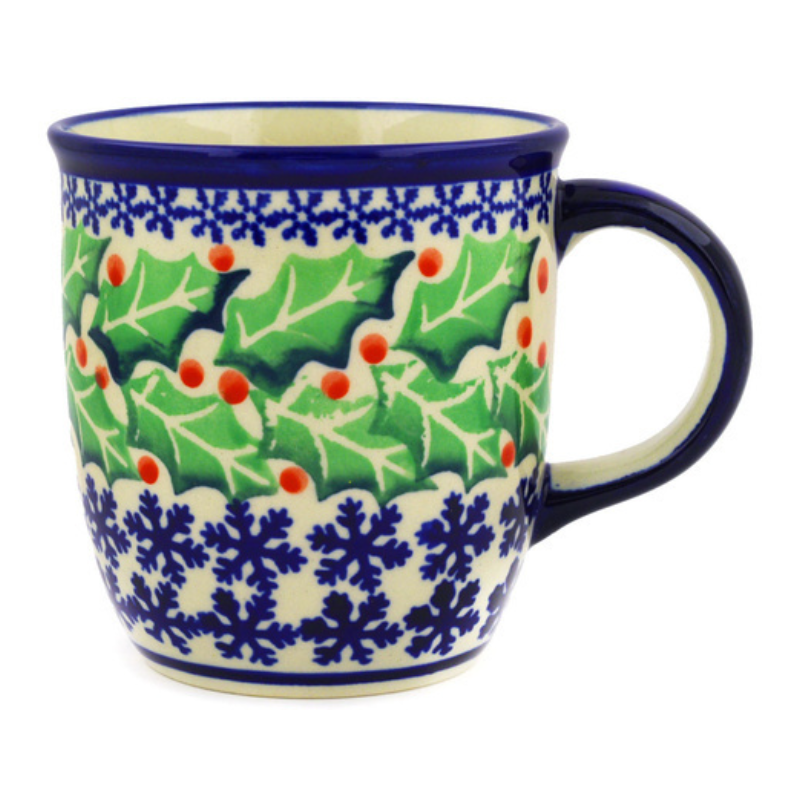 Polish Pottery Mug - 12 oz - Snowflakes and Holly