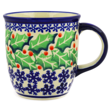 Polish Pottery Mug - 12 oz - Snowflakes and Holly