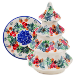Polish Pottery 7" Christmas Tree Luminary - Red Berries