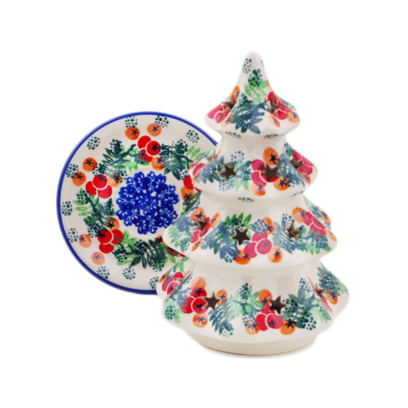 Polish Pottery 7" Christmas Tree Luminary - Red Berries