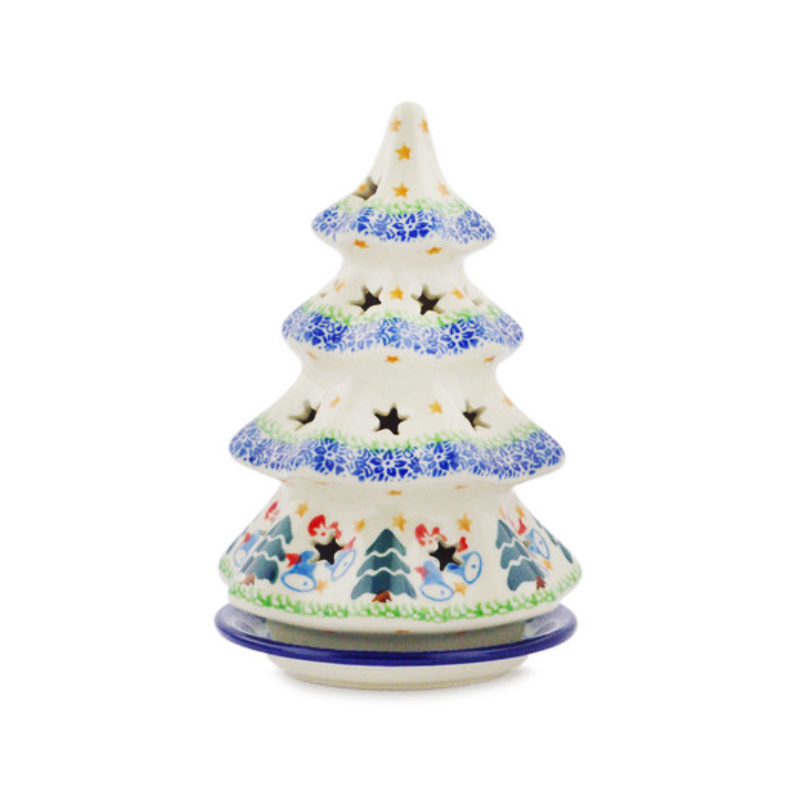 Polish Pottery 7" Christmas Tree Luminary - Trees and Bells