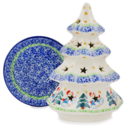 Polish Pottery 7" Christmas Tree Luminary - Trees and Bells