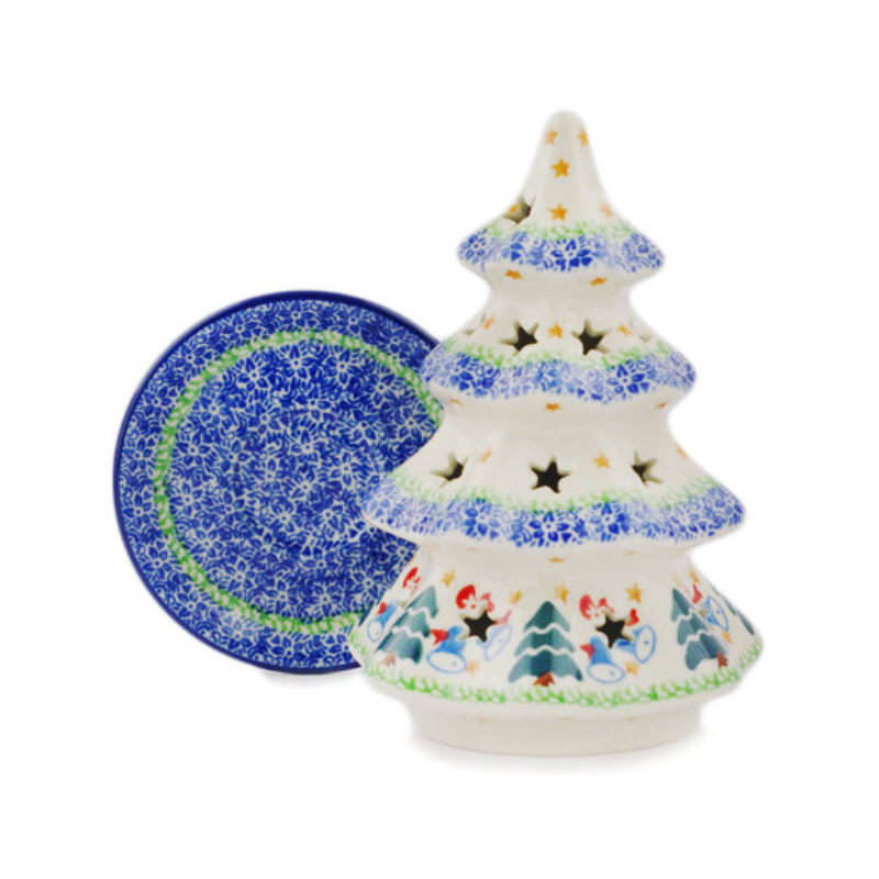 Polish Pottery 7" Christmas Tree Luminary - Trees and Bells