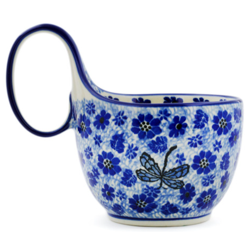 Polish Pottery Bowl - 4" with Handle - Blue Dragonfly
