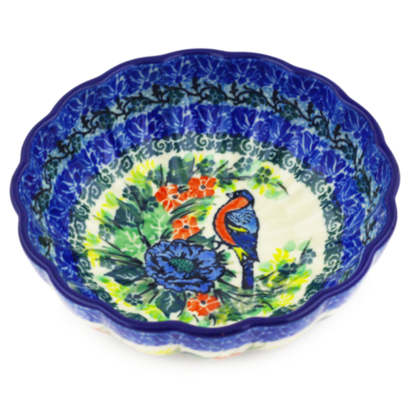Polish Pottery Scalloped Bowl - 5" - Red Bird - Unikat