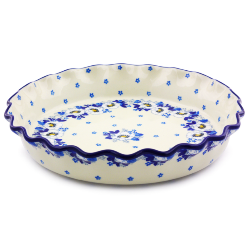 Polish Pottery Fluted Pie Baker - 10" - Snow Poppy