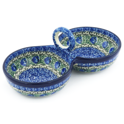 Polish Pottery Double Serving Bowl - Peacock Feather