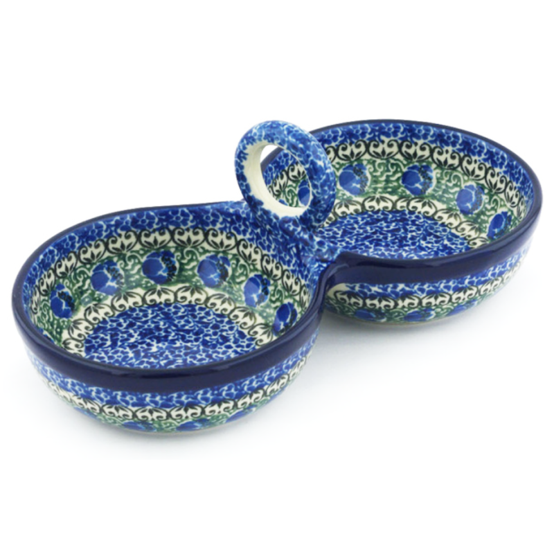 Polish Pottery Double Serving Bowl - Peacock Feather