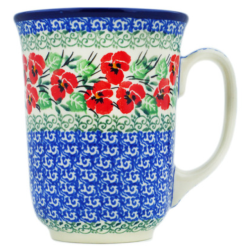 Polish Pottery 16 oz Bistro Mug Red Pansies by Ceramika Artystyczna