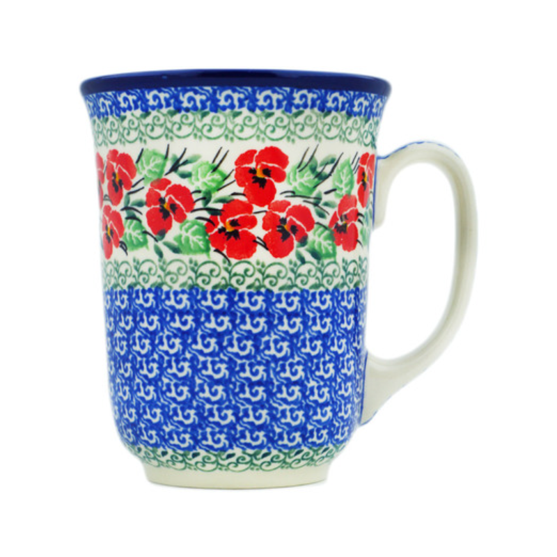 Polish Pottery 16 oz Bistro Mug Red Pansies by Ceramika Artystyczna