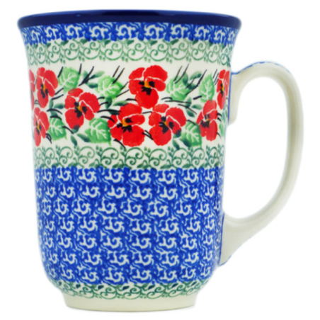 Polish Pottery 16 oz Bistro Mug Red Pansies by Ceramika Artystyczna